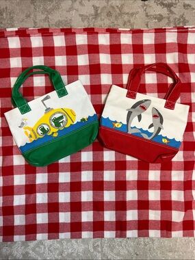 Pottery Barn Kids Set of 2 Red & Green Nautical Canvas Mini Totes. NWOT